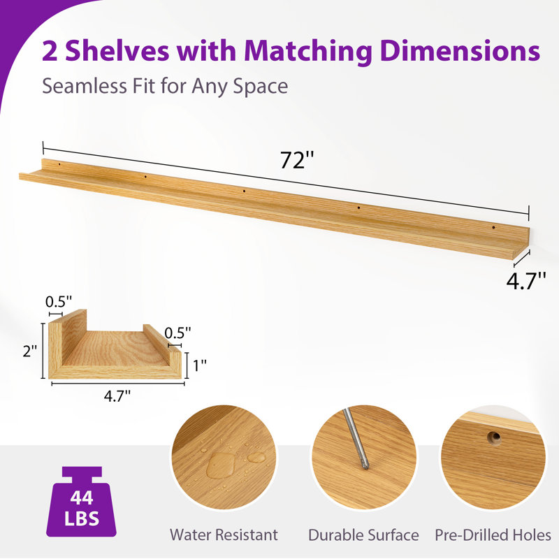 Darlicia 2 Piece Picture Ledge Wall Mounted Shelf, Oak, 2" H x 72" W x 4.7" D