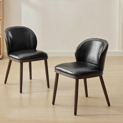 Set of 2 Modern Dining Chairs - Ergonomic Back Support - Upholstered PU Leather Seat - Solid Wood Legs - Easy Assembly - Ideal for Kitchen, Dining Room, Restaurant - Color: Leather | Black