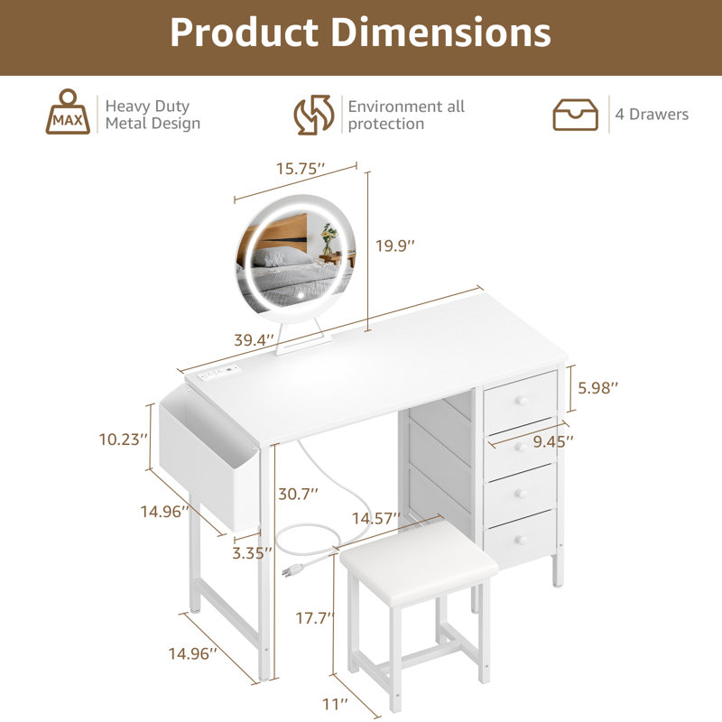 Built-In Outlets Makeup Desk With Mirror And Light- Vanity Set Table With Chair & Drawers, White