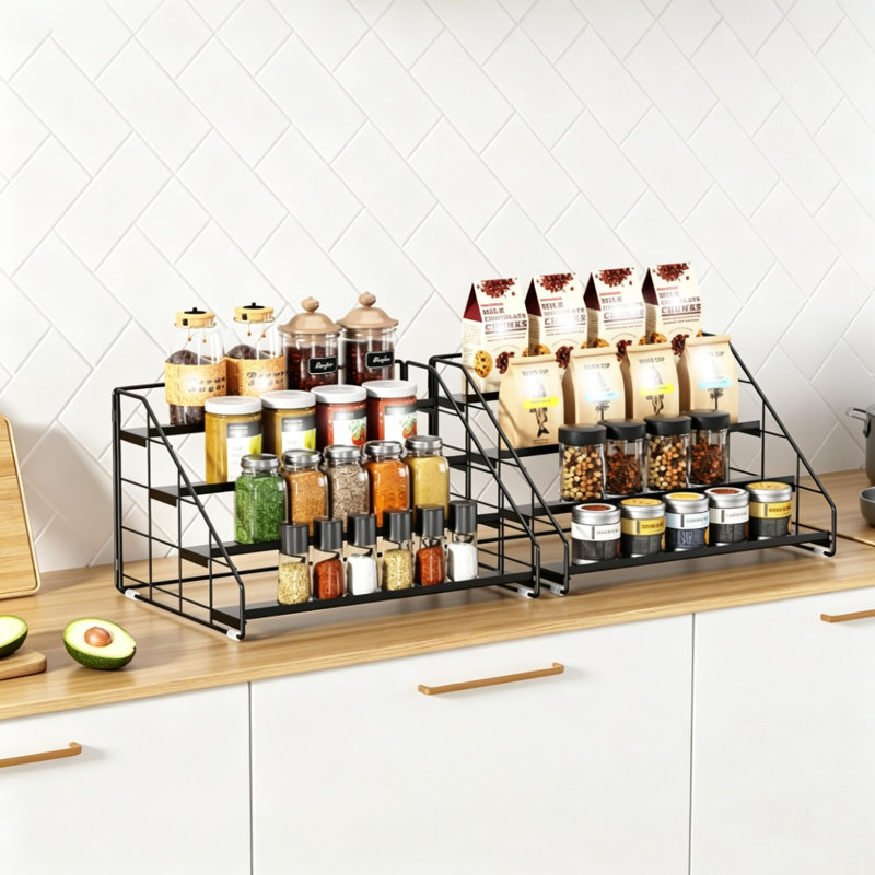 Black 4 Tiered Spice Rack Organizer for Cabinet, Tiered Adjustable Spice Shelf for Kitchen Countertop 2 Pcs
