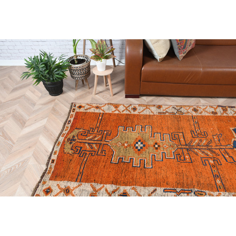 Charmant tapis de couloir turc orange idéal pour les couloirs de cuisine ou les escaliers avec un design Herki rétro intemporel