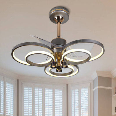 Ventilateur de plafond gris et doré 23,6 po avec anneaux lumineux à DEL 3ct, moteur à courant continu réversible 10 vitesses pour le salon, la chambre à coucher