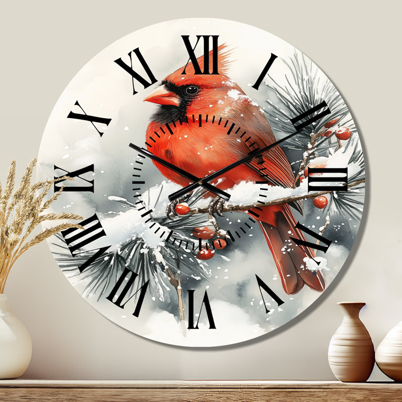 Horloge murale en métal rouge nature avec un cardinal dans un paysage hivernal, Petit