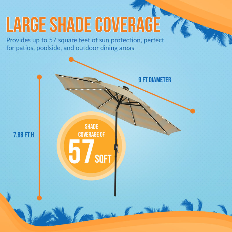 Parasol pour îlot de patio octogonal 11 pi avec manivelle, inclinaison à bouton-poussoir, mât en aluminium antirouille, cadre à 8 baleines, lumières à DEL solaires et auvent Breez-Tex Weather-Res - champagne et taupe