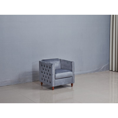 Chaise de canapé de salon capitonnée grise argentée avec pieds en bois tournés