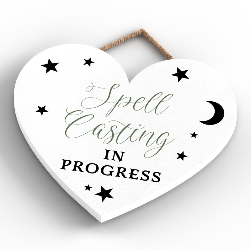 Witch Spell Casting Wooden Heart Plaque, White, 16cm H x 17cm W x 0.9cm D