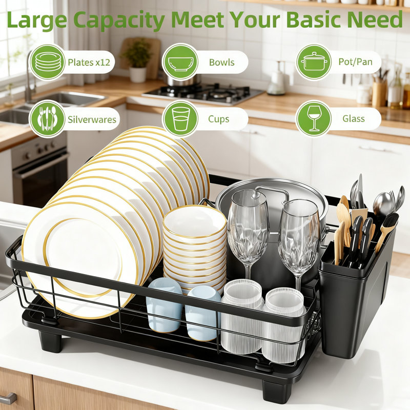 Compact Dish Drying Rack With Cutlery Holder, Space-Saving Kitchen Counter Organizer And Drainer For Efficient Drying