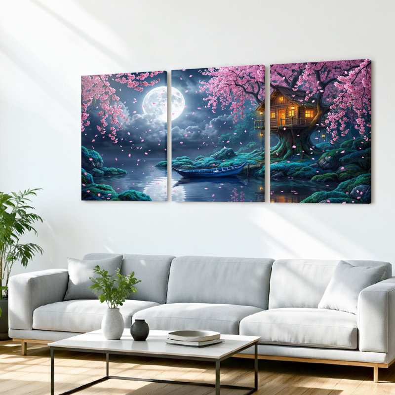 Ensemble de 3 toiles murales « Paysage de cerisiers en fleurs au clair de lune » pour salon, chambre et décoration intérieure