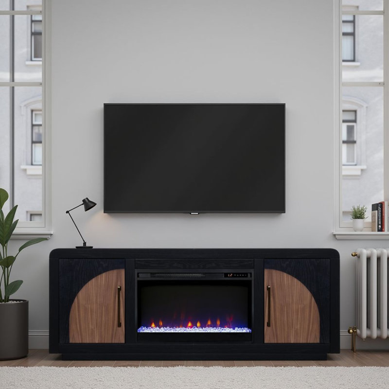Meuble télé avec foyer Eclipse 65 po pour téléviseur de 75 po ou moins, finition clou de girofle et noyer naturel, Noir