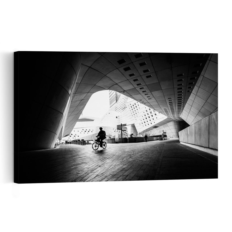 Geometric City Cyclist Abstract Dramatic Geometric Architecture City Wall Art Print, 32" H x 48" W