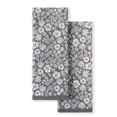 Ensemble de 2 serviettes de cuisine Martha Stewart Ditsy Floral 16 po x 28 po, gris / bleu marine / turquoise / blanc
