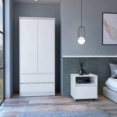 2 Piece Bedroom Set, Nightstand + Armoire, White