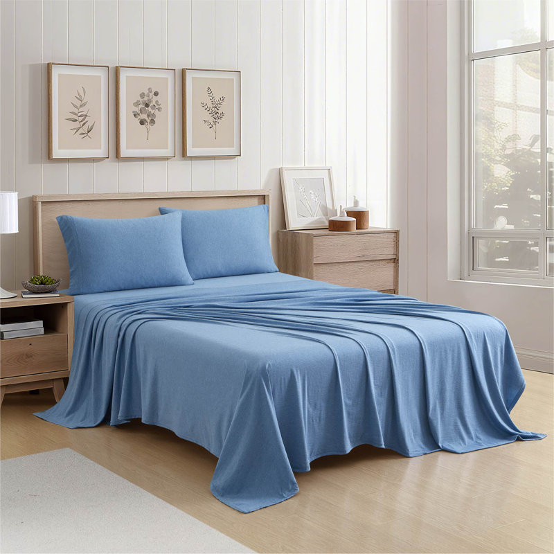 Aeropostale Cotton-Rich Heathered Jersey 4 Piece Sheet Set – Soft T-Shirt Feel, Heathered Blue, King, Blue
