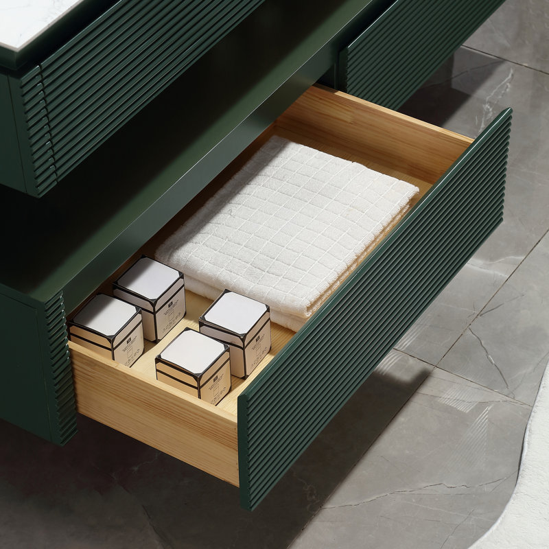 60'' Modern Solid Oak Floating Bathroom Vanity With Artificial Stone Countertop And LED Night Light, Green