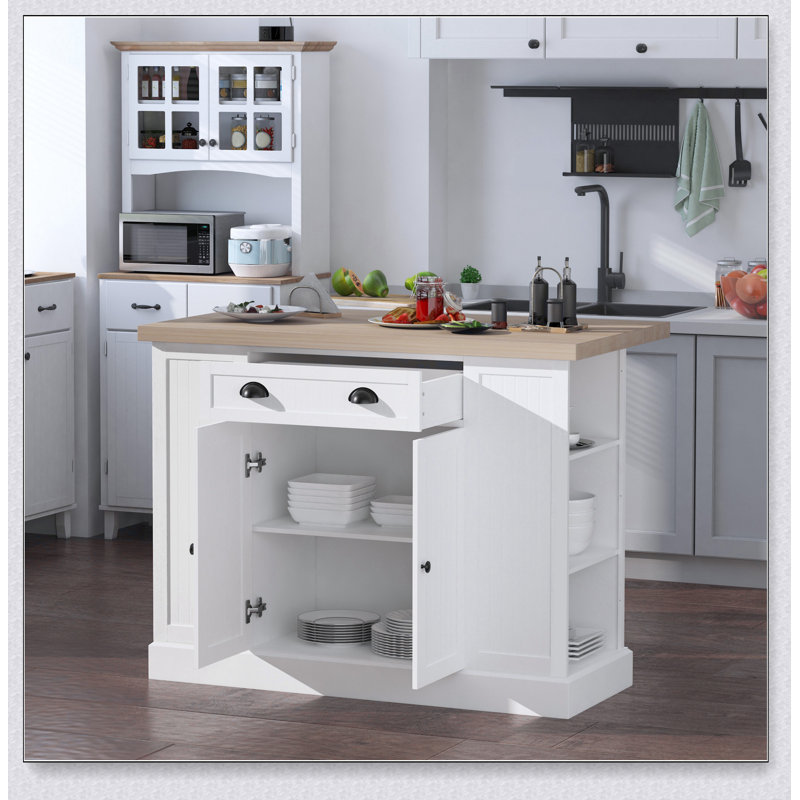 47 Inch Fluted-Style Wooden Kitchen Island with Storage, Drop Leaf, and Open Shelves for Enhanced Functionality