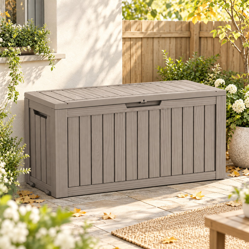 41.94"W 60 Gallon Weather-Resistant And Waterproof Resin Lockable Deck Box(Light Brown), Brown-Gray