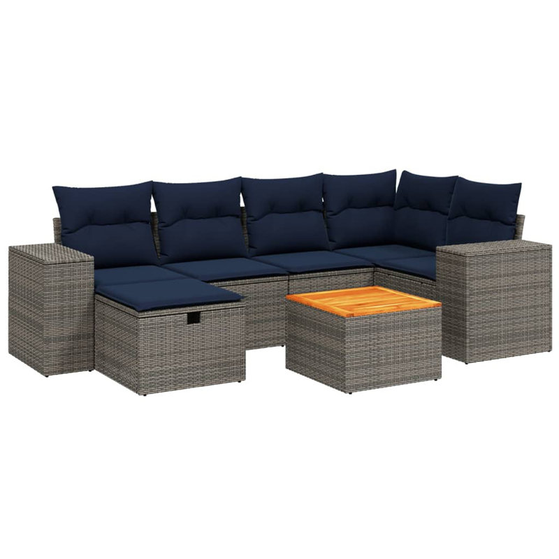 Ensemble de canapé de patio 7 pièces avec coussins en rotin de polyester, Gris, Marine