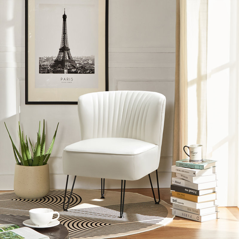Euclid Faux Leather Chair With Metal Base, Ivory Faux Leather