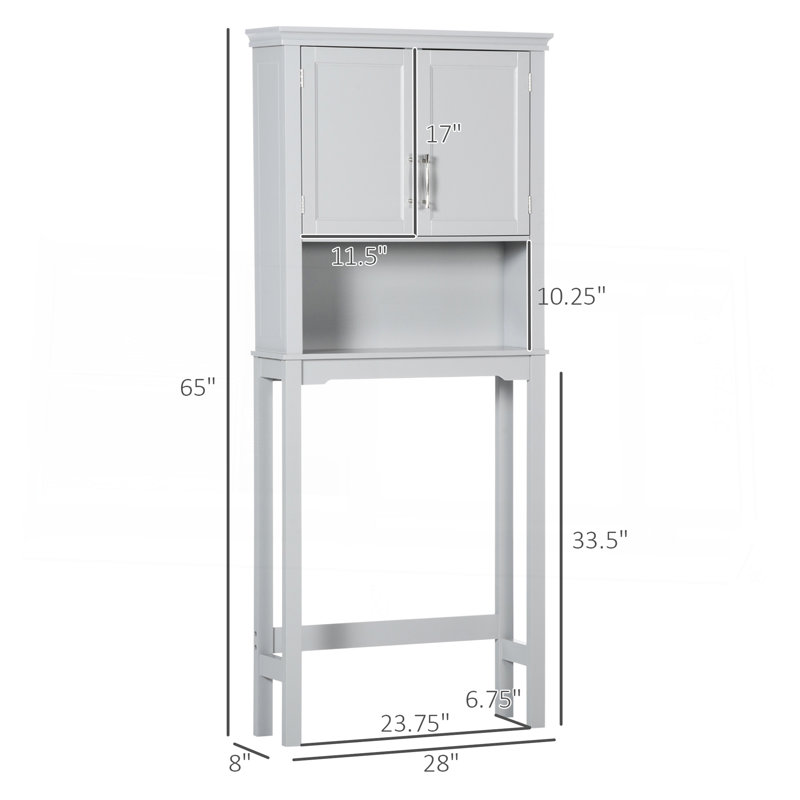 Modern Over The Toilet Storage Cabinet, Double Door Bathroom Organizer With Inner Adjustable Shelf And Open Shelf, Grey