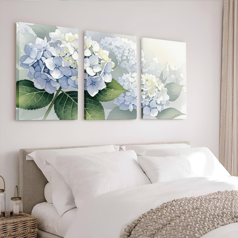 «Blue Hydrangea», reproduction d'art sur toile tendue sur toile, ensemble de 3, H 18 po x l 36 po