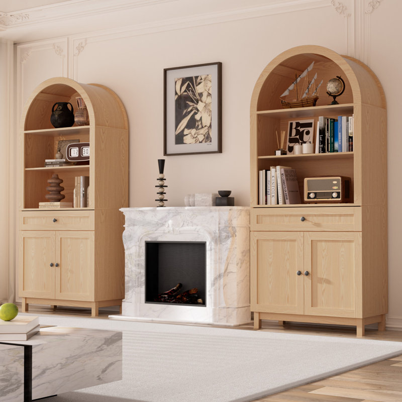 71" Arched Storage Bookcase, Display Cabinet With Adjustable Shelf And Drawer, Natural