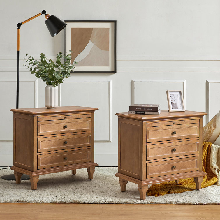 Arthelia Traditional 3 - Drawer Nightstand with Built-in Charging Station and Pull-out Shelf (Set of 2)