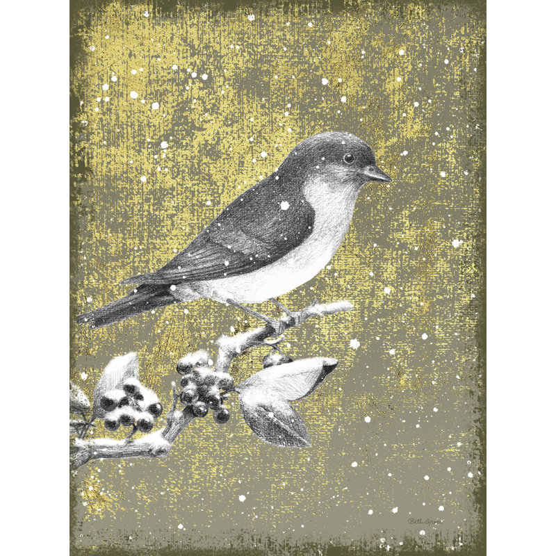 Bluebird sur Brank, noir et blanc, sur or, feuilles, baies, oiseau, H 16 po x l 24 po x P 1,5 po