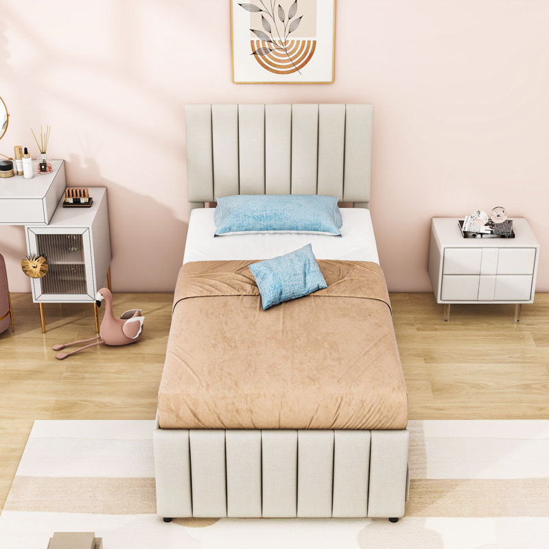 Lit plateforme tapissier avec lit gigogne et tiroirs de rangement, Beige, Simple