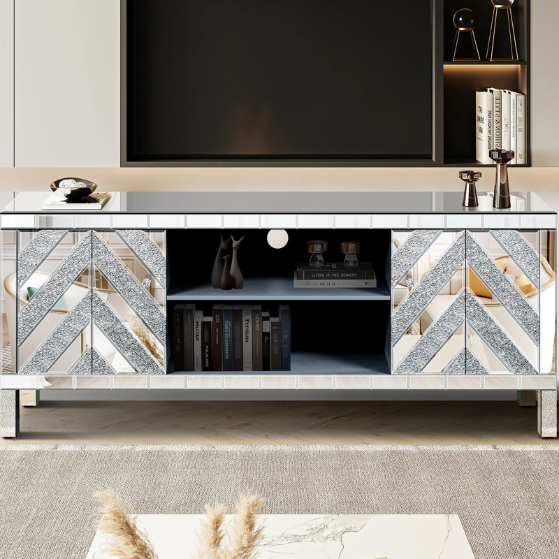 Armoire de télévision en miroir pour les téléviseurs de 65 pouces, argent avec 2 sections de rangement et espace ouvert, portes de support de salon modernes, décor d'armoires