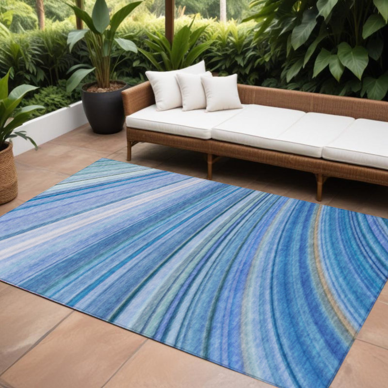 Tapis extérieur lavable abstrait bleu denim 9 pi x 12 pi bleu et bleu ciel