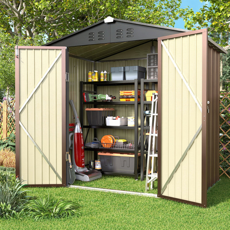 6' W x 4' D Lockable Outdoor Metal Storage Shed for Garden Tools & Patio Storage, Brown