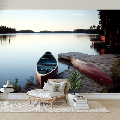 Peel and Stick Wallpaper 144" W x 100" H Modern Self Adhesive Wall Mural for Bedroom Canoe Dock Cottage Nautical Vessel Boats Landscape