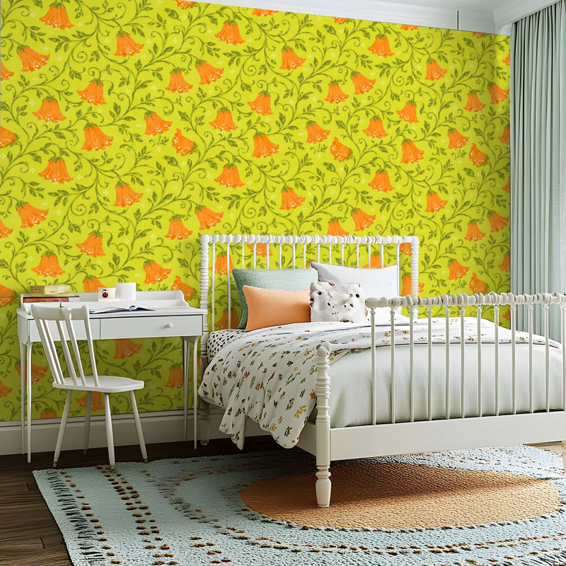 Papier peint adhésif peler et coller en PVC, revêtement mural auto-adhésif amovible avec imprimé damier orange fleur vert olive, imperméable pour la décoration intérieure - Rouleau