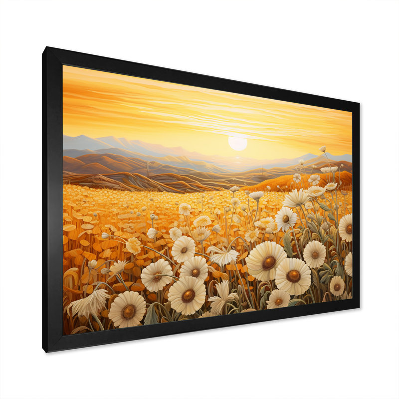 Radiant Golden Blooming Meadow II sur toile, Cadre simple noir, H 16 po x l 32 po x P 1 po