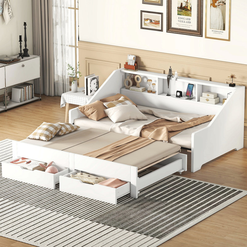 Daybed Frame With Storage Bookcases, 2 Drawers & Charging Design, White