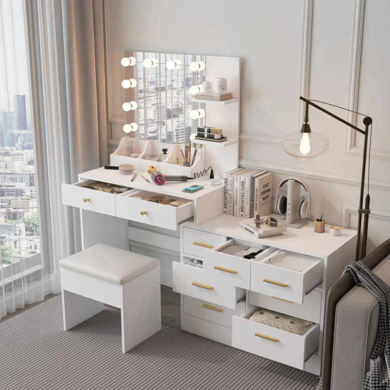Large Makeup Vanity Set with Lights, USB & Power Outlet and 9 Drawers, White