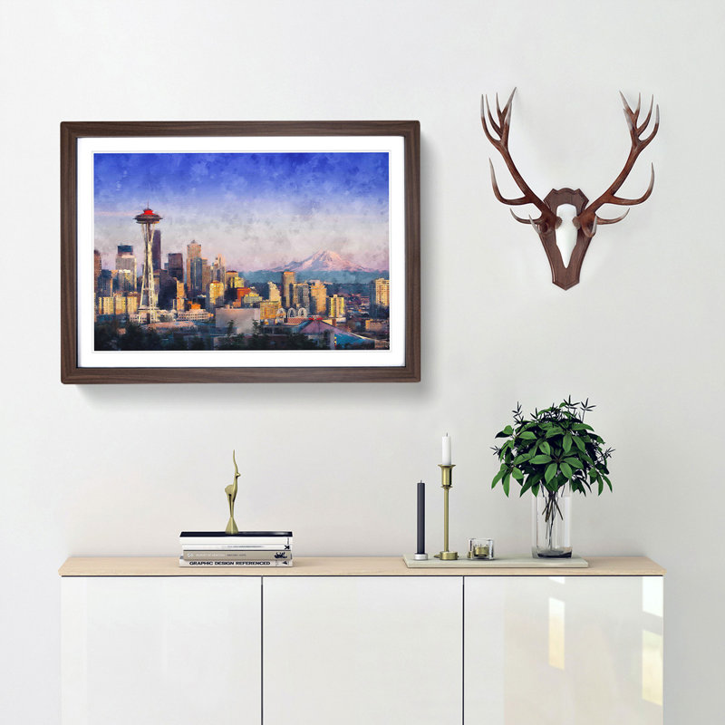 Seattle Skyline - Picture Frame Painting Print, 62cm H x 87cm W x 2cm D, Walnut Framed