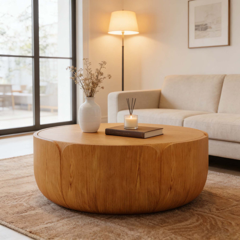 35.63" Round Outdoor Indoor Coffee Table, Modern Wood Grain Drum Center Table, Natural