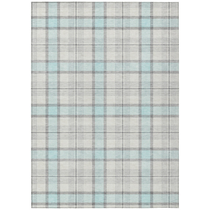 Sky Blue and Gray Synthetic Washable Plaid Area Rug