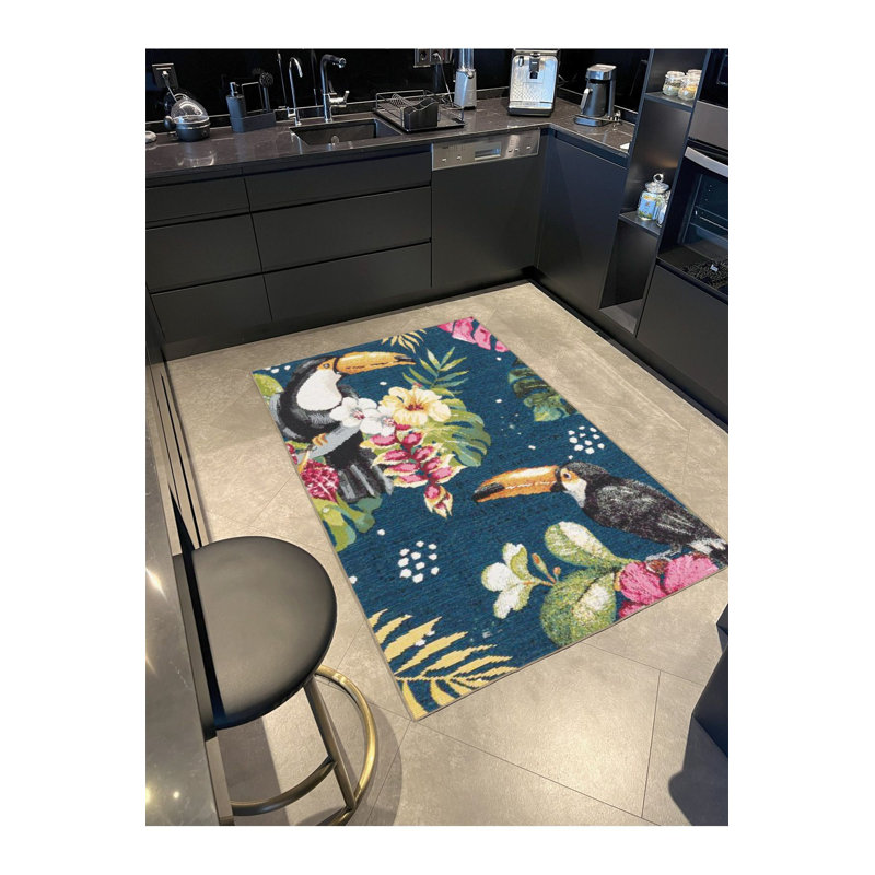 Tapis bleu lavable décoratif à motif d'oiseaux bleus, Sous-tapis rectangulaire 2 pi 4 po x 3 pi 11 po