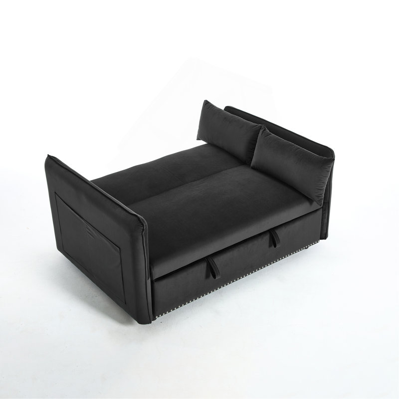 Canapé-lit convertible futon 3 en 1, canapé-lit en velours de 55 po avec 2 coussins, dossier inclinable, poches latérales pour le salon, canapé-lit