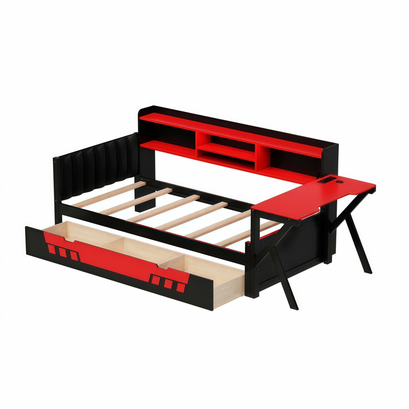 Lit en bois avec bibliothèque, bureau intégré, éclairage DEL et borne de recharge, Lit simple, Noir rouge