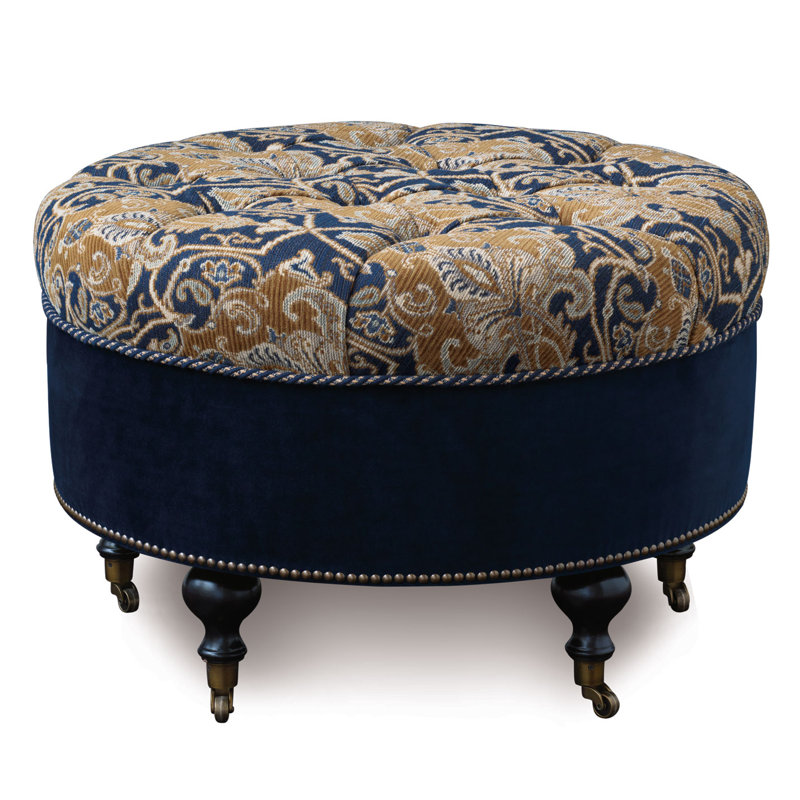 Arthur Round Ottoman, Gold/Navy Velvet