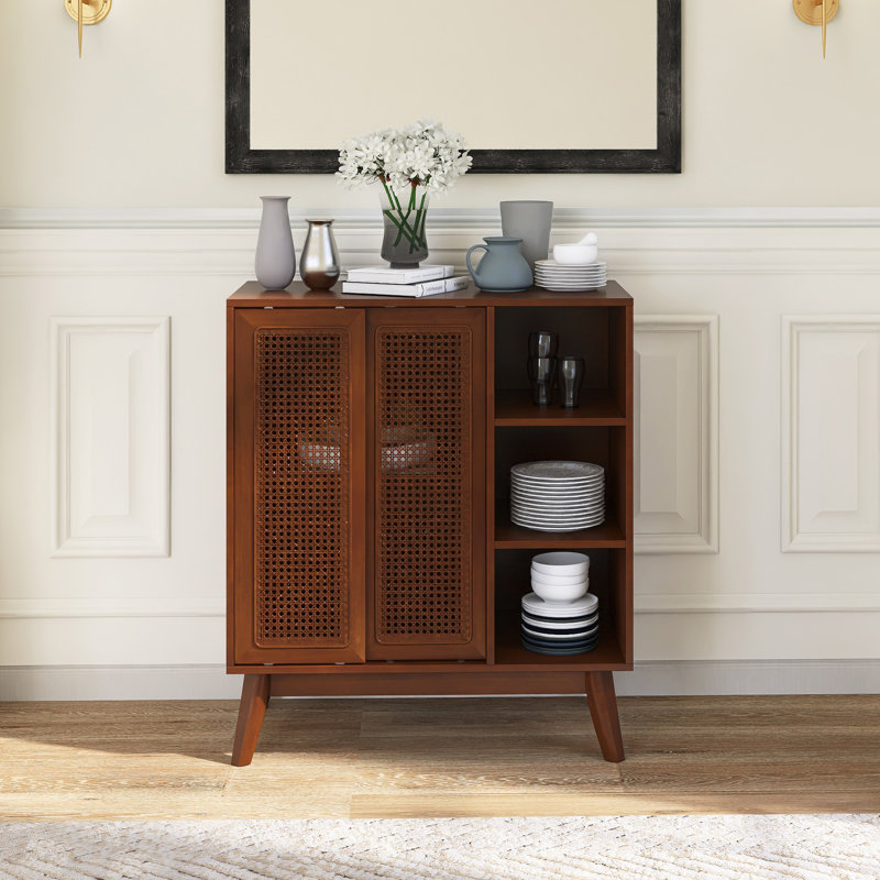 31.5" Wood Mid Century Modern Rattan Sideboard With Adjustable Shelf