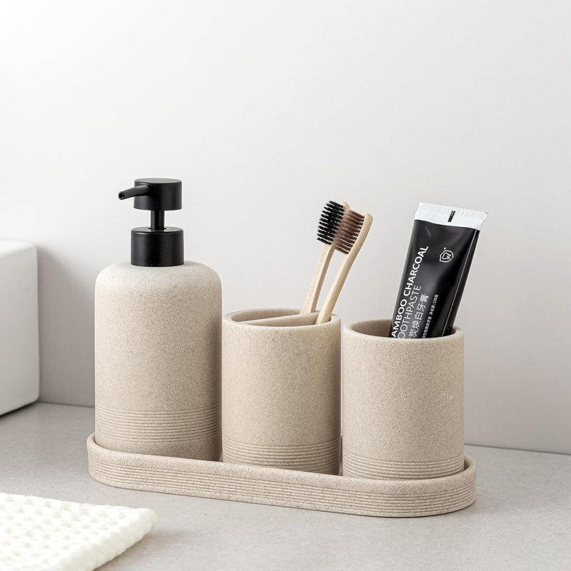 Ensemble d'accessoires de salle de bain, ensemble d'accessoires de salle de bain moderne 4 pièces avec distributeur de savon 15,2 oz, porte-brosse à dents, plateau de coiffeuse, gobelet (beige 4 pièces)