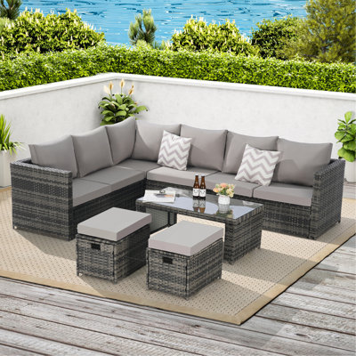Ensemble de 6 pièces de mobilier de patio extérieur, ensemble de conversation en rotin et osier avec table en verre, coussins et coussins pour la pelouse, le jardin et la cour