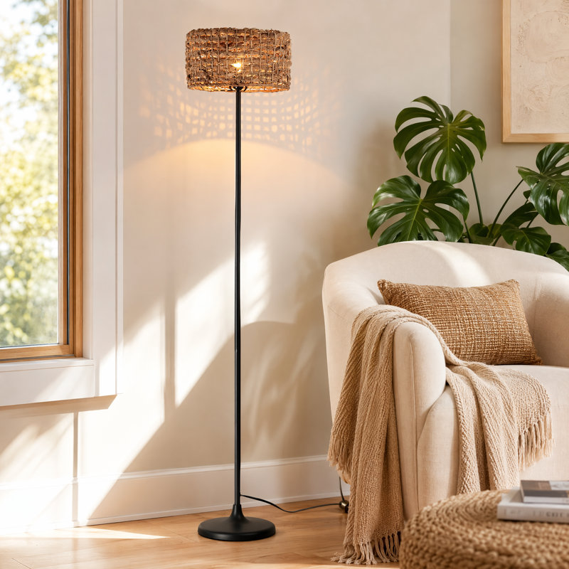 Marina Natural Rattan Floor Lamp With Handmade Woven Shade, Rustic Boho Style, E26 60w Compatible
