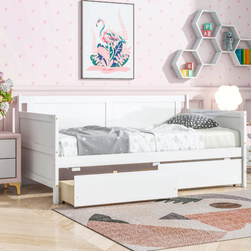 Twin Size Pine Wood Daybed With Two Storage Drawers, White