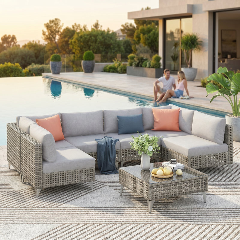 Ensemble modulaire d'extérieur 7 pièces avec table en verre trempé et coussins gris épais Boho, Gris