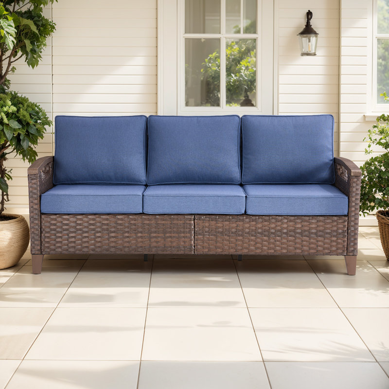 Canapé d'extérieur 3 places de 74 pouces, résistant et durable, avec coussins en tissu oléfine imperméable, Bleu